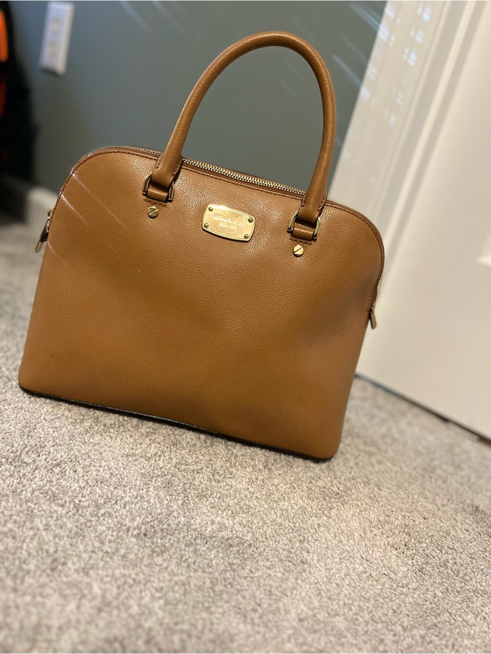 Michael Kors Cognac Pebbled Leather Dome Satchel with Gold Plaque